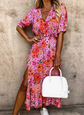 Women's Maxi Dresses Floral Short Sleeve V Neck Vacation Split Ruffle Maxi Dress