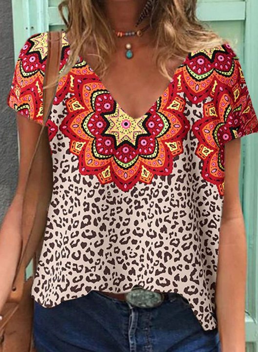 Women's T-shirts Leopard Floral Tribal Short Sleeve V Neck Casual Daily T-shirts