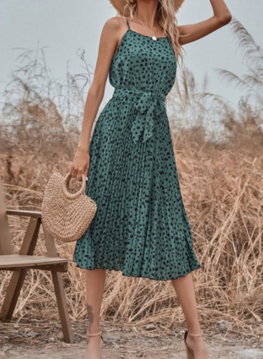 Women's Midi Dresses Belted Polka Dot Spaghetti Dress