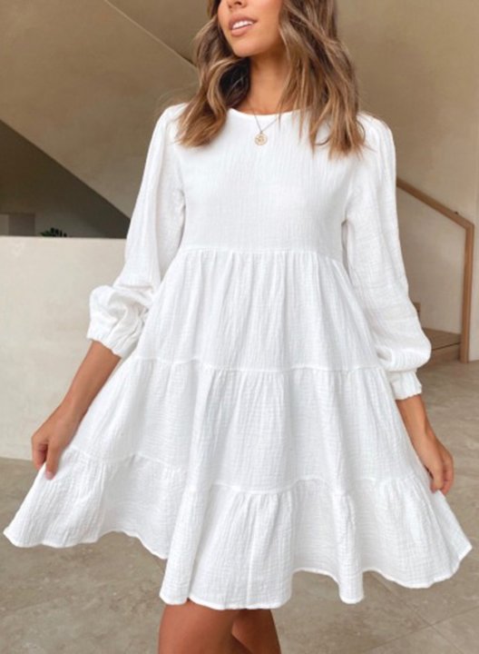 Women's Mini Dresses Ruffle Solid Flare Long Sleeve Round Neck Dress