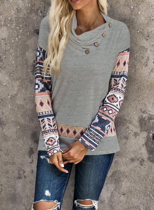 Color Block Long Sleeve Tribal Button Sweatshirt