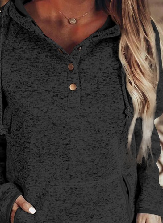 Solid V Neck Button Long Sleeve Hoodie