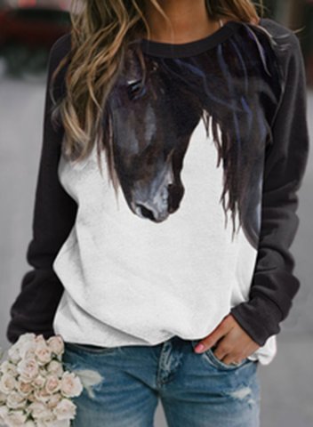 Women's Pullovers Casual Horse Color Block Round Neck Long Sleeve Daily Pullovers