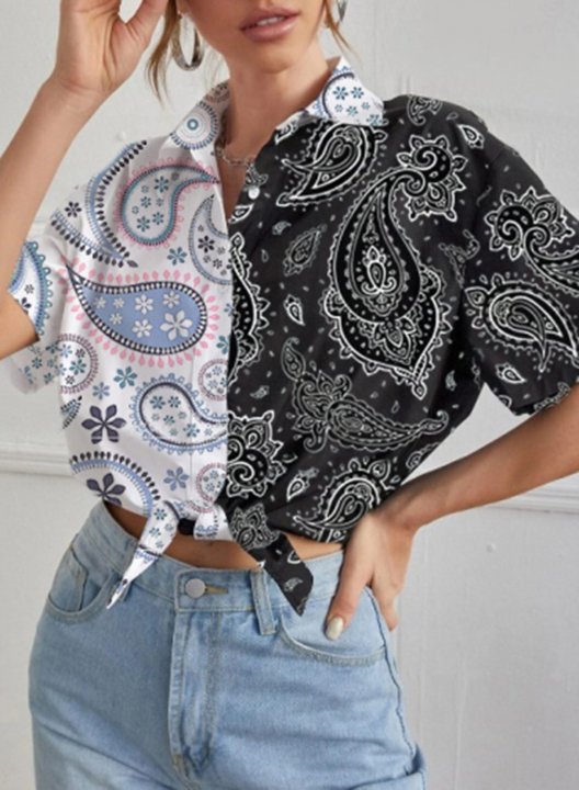 Women's Blouses Floral Color Block Cropped Turn Down Collar Half Sleeve Casual Daily Blouses