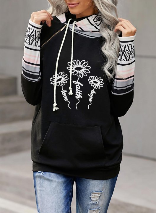 Women's Hoodies Faith Hope Love Letter & Sunflower Print Color Block Long Sleeve Zip Daily Casual Hoodie