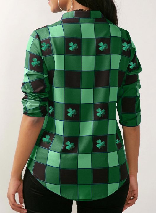 Women's Blouses Plaid Color Block St Patrick's Day Shamrock Long Sleeve V Neck Knot Daily Blouse