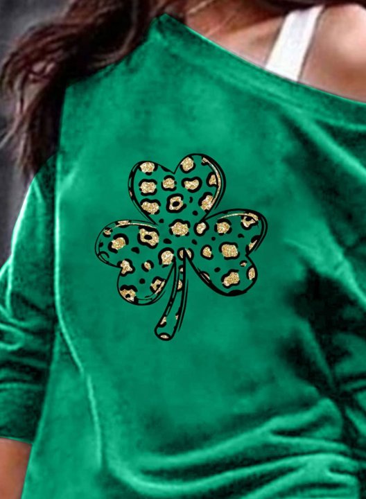 Women's St Patrick's Day Sweatshirts Shamrock Print Long Sleeve Off Shoulder Casual Sweatshirt