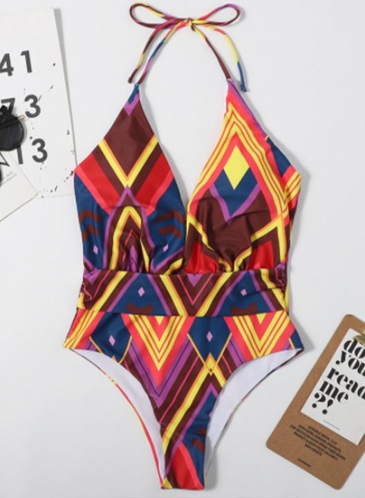 Women's One Piece Swimwear Geometric V Neck Vacation One-Piece Swimsuits One-Piece Bathing Suits