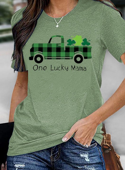 Women's T-shirts Plaid One Lucky Mama St Patrick's Day Short Sleeve Round Neck Casual Mom T-shirt