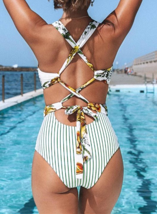 Women's One Piece Swimwear Knot Color Block Floral Striped Spaghetti One-Piece Swimsuit
