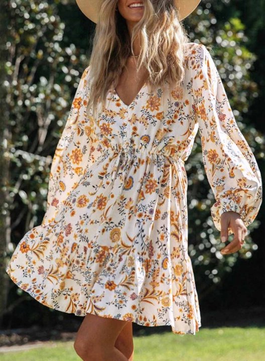 Women's Mini Dresses Fashion Floral Long Sleeve V Neck Flare Boho Beach Vintage Dress