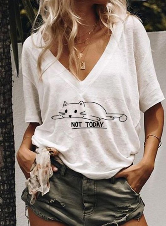 Women's T-shirts Letter Not Today Cute Cat Print Solid V Neck Short Sleeve Summer Daily Casual T-shirts