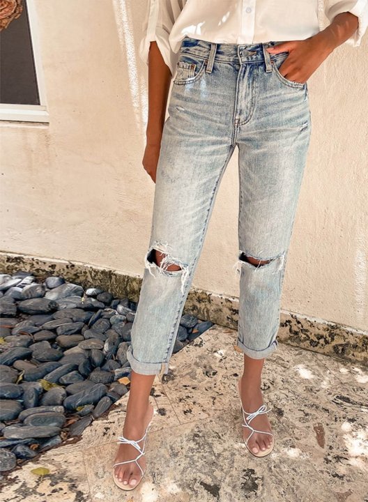 Women's Jeans Ripped Slim Solid High Waist Daily Cropped Pocket Jeans