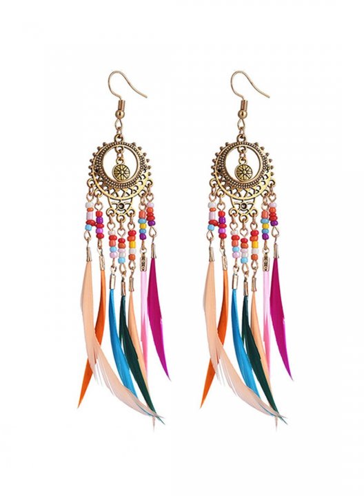 Women's Earrings Colorful Rice Beads Tassels Retro Hollow Long Feather Earrings