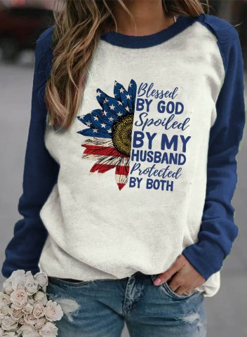 Women's Blessed By God Spoiled By My Husband Protected By Both Sweatshirts Floral Letter Flag Print Sweatshirt