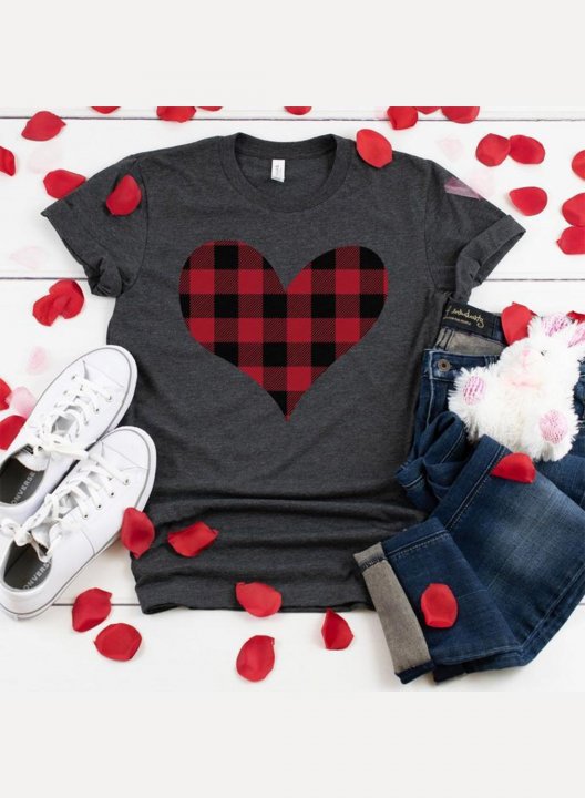 Women's T-Shirt Heart T-shirts Casual Plaid Solid Round Neck Short Sleeve Daily Shirts