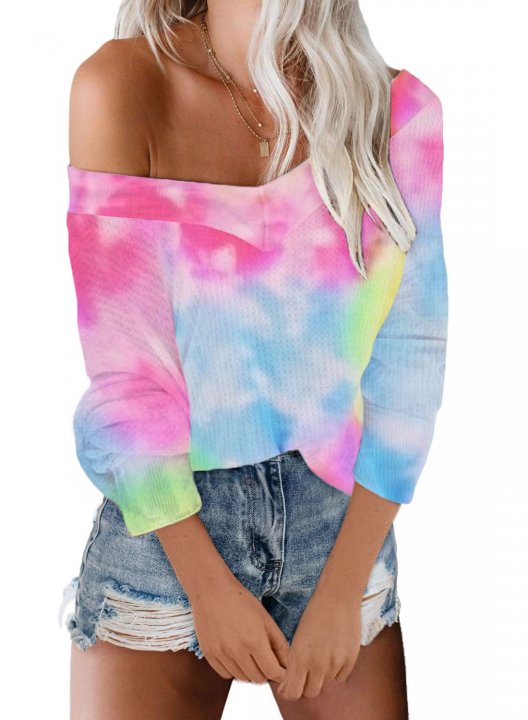 Colorful Off Shoulder Tie Dye Long Sleeve V-Neck Sweatshirt