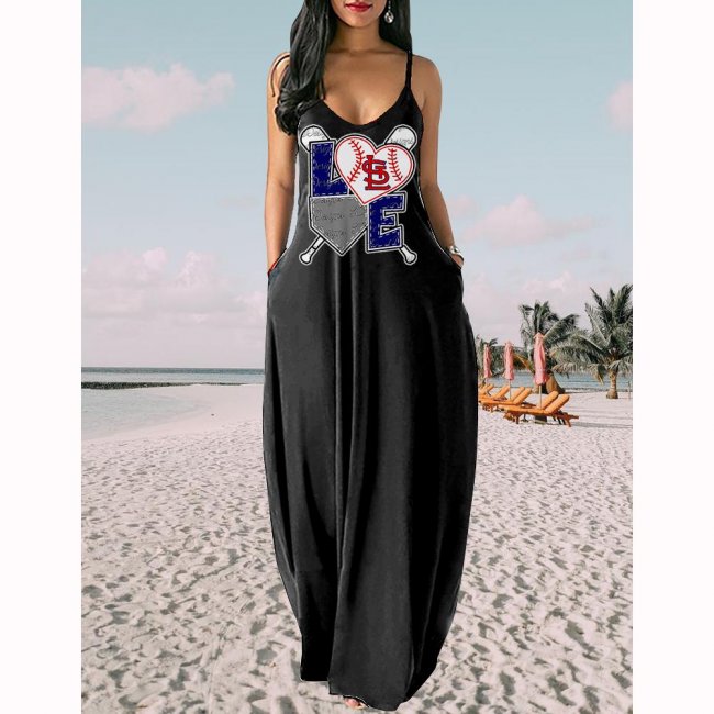 Women's Los Angeles Dodgers Baseball Team Print Sling Pocket Sleeveless Loose Holiday Style Long Dress