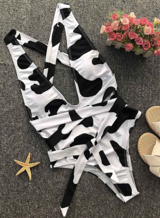 Women's One-Piece Swimsuits One-Piece Bathing Suits Criss Cross Knot Animal Print V Neck One-Piece Swimsuit