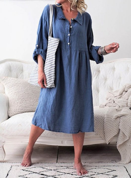 Women's Midi Dresses Solid Long Sleeve Turn Down Collar Casual Boho Midi Dress