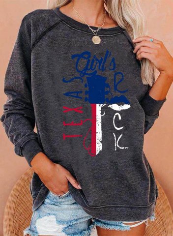 Women's country music Style Sweatshirts Letter Color Block Print Long Sleeve Round Neck Casual Sweatshirt