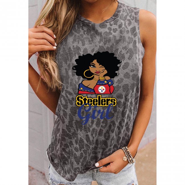 Pittsburgh Steelers Round Neck sleeveless Leopard Print T-Shirt