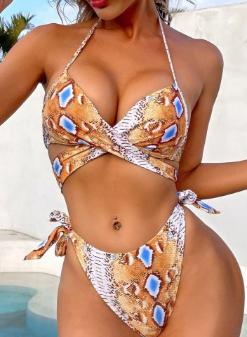 Women's Bikinis High Waist Animal Print Padded Criss Cross Knot Sleeveless Adjustable Wire-free Spaghetti Casual Beach Bikinis