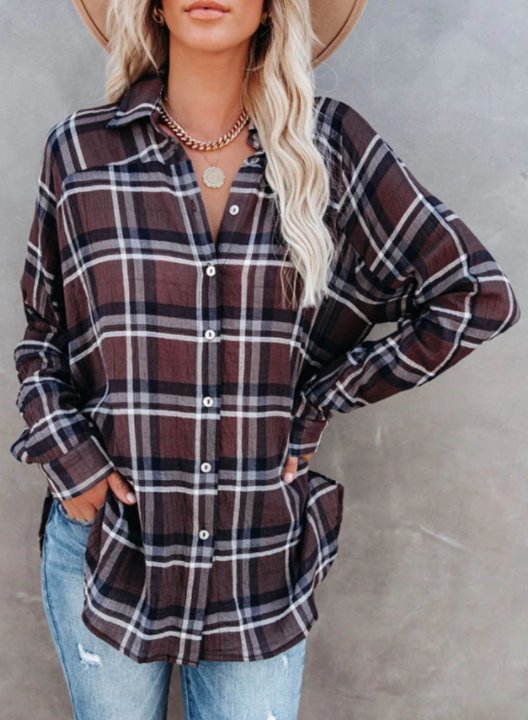 Women's Shirts Plaid Color Block Long Sleeve Turn Down Collar Casual Shirts