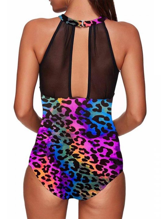 Women's One Piece Swimwear Leopard Halter Casual One-Piece Swimsuit