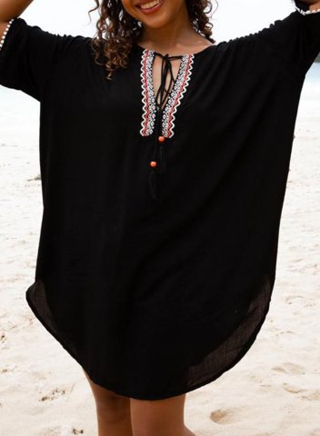 Women's Mini Dress Tribal Fringe Fit & Flare 3/4 Sleeve V Neck Boho Vacation Beach Mini Dress