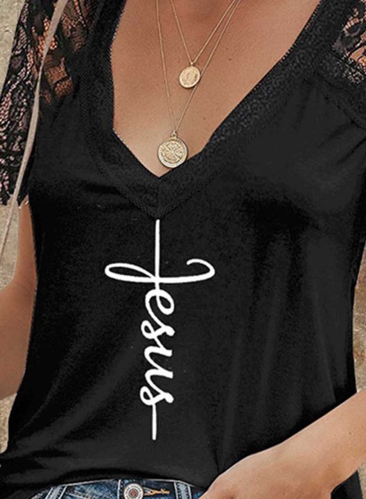 Women's T-shirts Lace Letter Print Short Sleeve V Neck Daily T-shirt