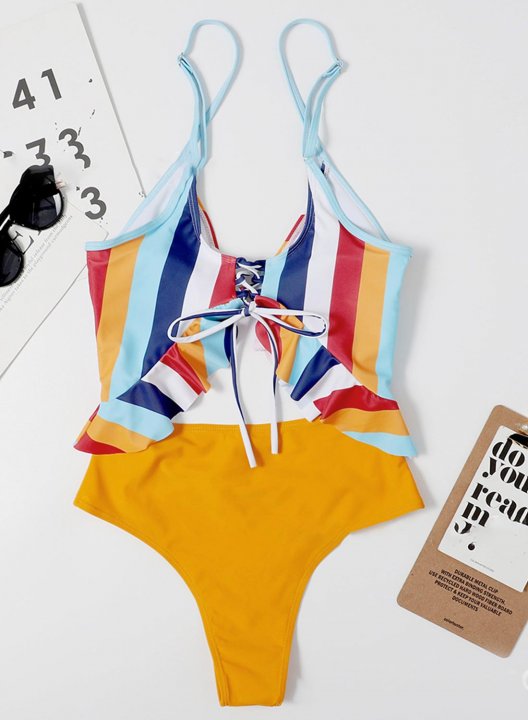 Women's One Piece Swimwear Ruffled Color Block Spaghetti One-Piece Swimsuit