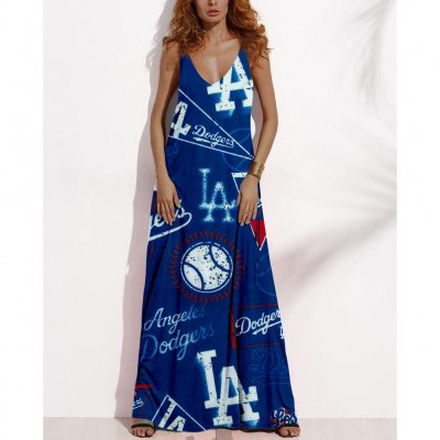 Women's Summer LOS ANGELES DODGERS Fan Print V-Neck Sleeveless Loose Long A-line Dress