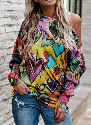 Women's Pullovers Heart-shaped Color Block Long Sleeve One-shoulder Daily Pullover