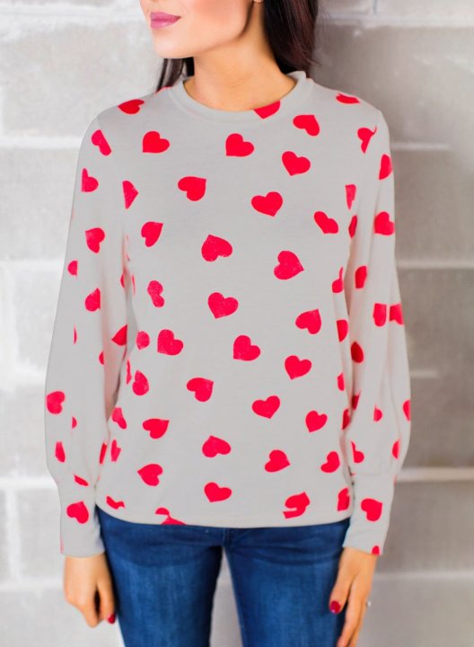 Women's Sweatshirts Color Block Heart-shaped Print Long Sleeve Round Neck Casual Sweatshirt