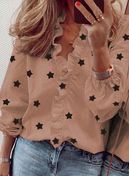 Women's Blouses Star Long Sleeve V Neck Ruffle Daily Blouse