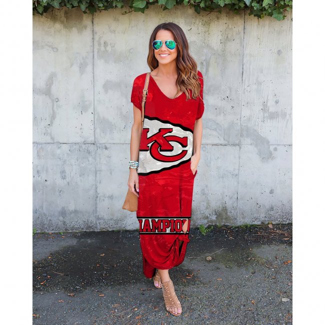 V-neck Kansas City Chiefs Print Short Sleeve Loose Long Dress