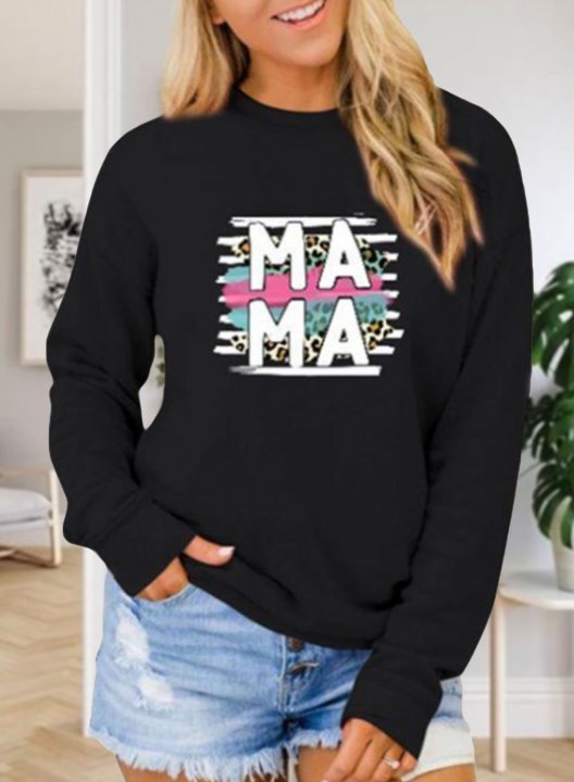 Women's Mama Letter Print Sweatshirts Round Neck Long Sleeve Solid Letter Daily Sweatshirts