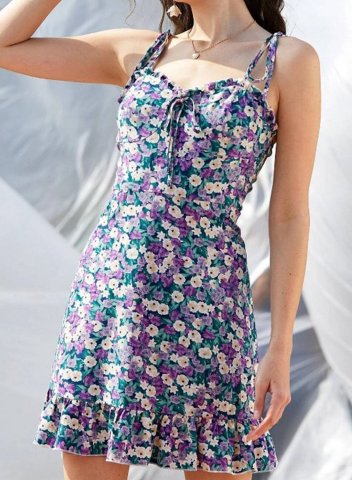 Women's Mini Dresses Floral Open-back Knot Drawstring Spaghetti Dress