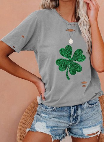 Women's T-shirts Clover Print Cut-out Sequin Short Sleeve Round Neck Daily T-shirt
