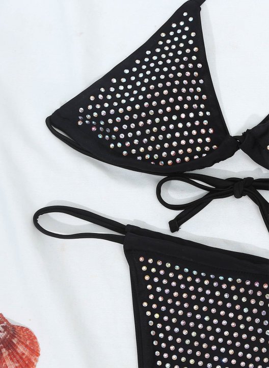 Women's Triangle Bikini Set Solid Rhinestones Low Rise Halter Adjustable Wire-free Padded Vacation Swimsuit