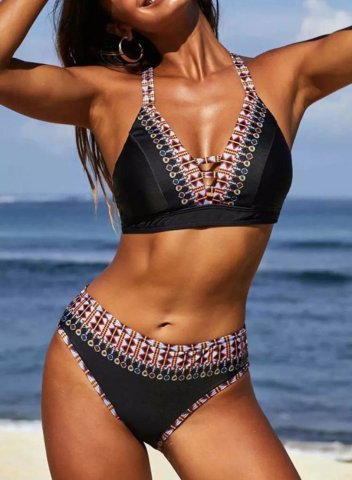 Women's Bikinis Color Block Tribal Sleeveless Unadjustable Wire-free V Neck Criss Cross Padded Beach Vacation Bikini