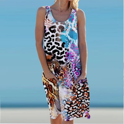 Ocean Leopard Print Holiday Casual Round Neck Sleeveless Dress Vest