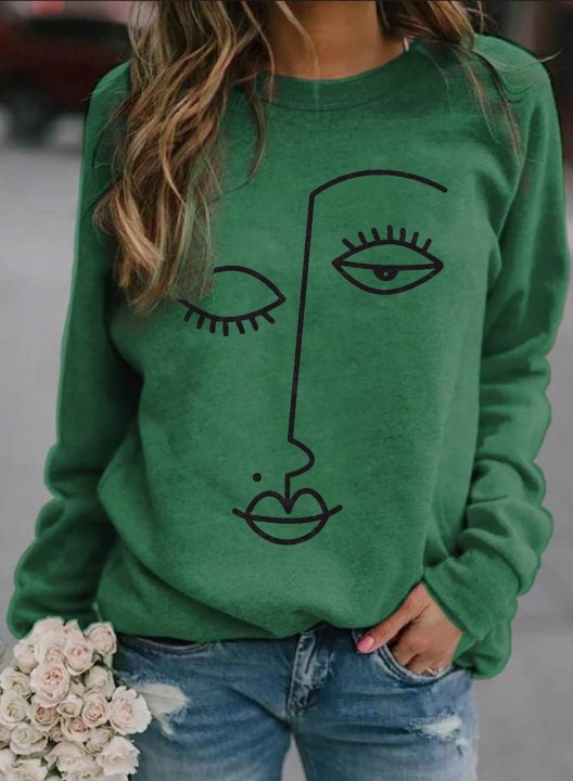 Women's Sweatshirts Abstract Face Print Long Sleeve Round Neck Casual Sweatshirt