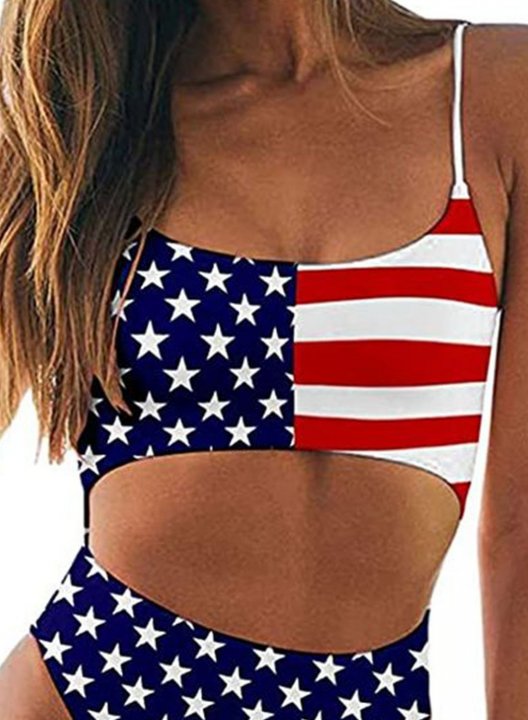 Women's One Piece Swimwear Color Block American Flag 4th Of July Spaghetti Cut Out One-Piece Swimsuit