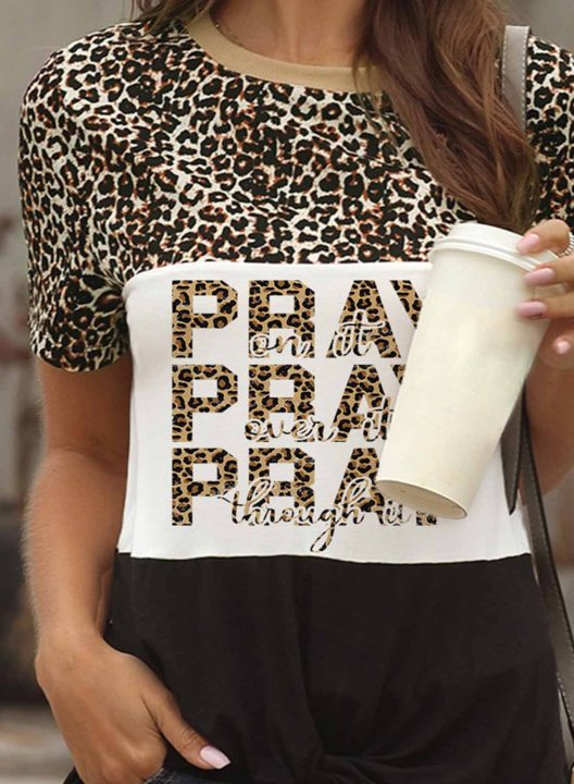 Women's T-shirts Color Block Leopard Letter Print Short Sleeve Round Neck Daily T-shirt