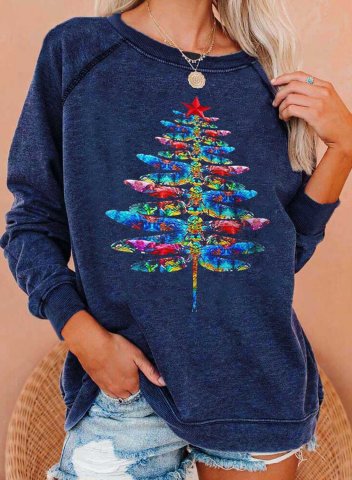 Women's Sweatshirts Dragonfly Christmas Tree Print Color-block Round Neck Sweatshirt