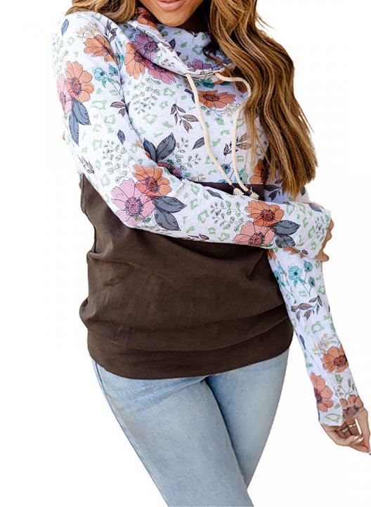 Color Block Long Sleeve High Neck Floral Sweatshirt