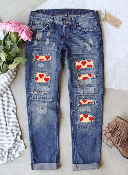 Women's Jeans Heart-shaped Color Block Straight Mid Waist Daily Full Length Casual Pocket Ripped Jeans