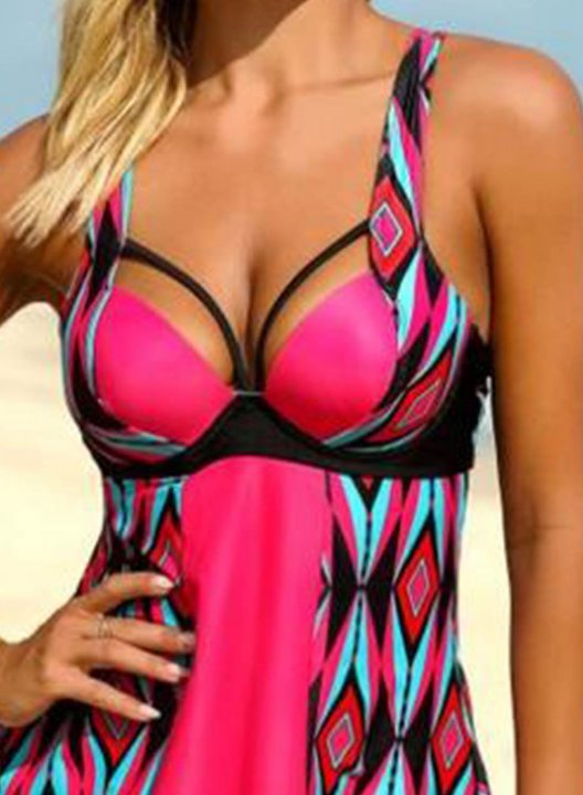 Women's Tankinis Color Block Tropical Geometric V Neck Criss Cross Vintage Boho Padded Beach Tankini